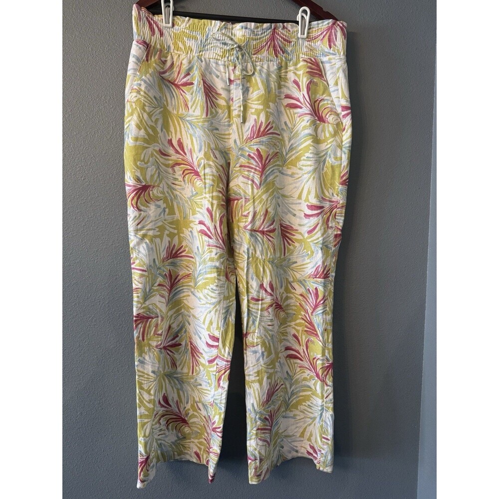 Land n Sea Linen Rayon Tropical Palm Print Pants Womens Large Drawstring Beach